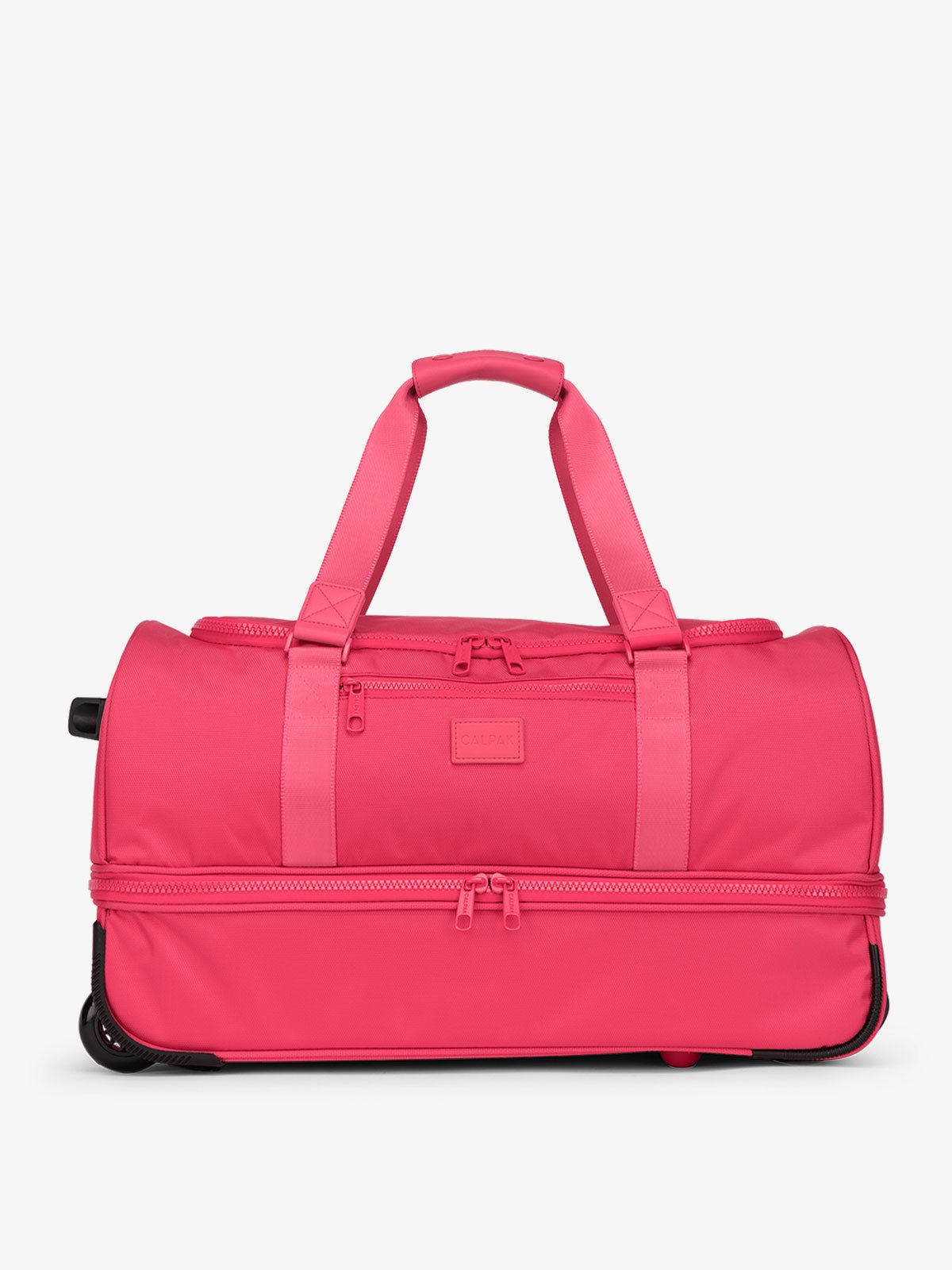CALPAK Stevyn Rolling Duffel bag with dual top handles and shoe compartment in pink dragonfruit