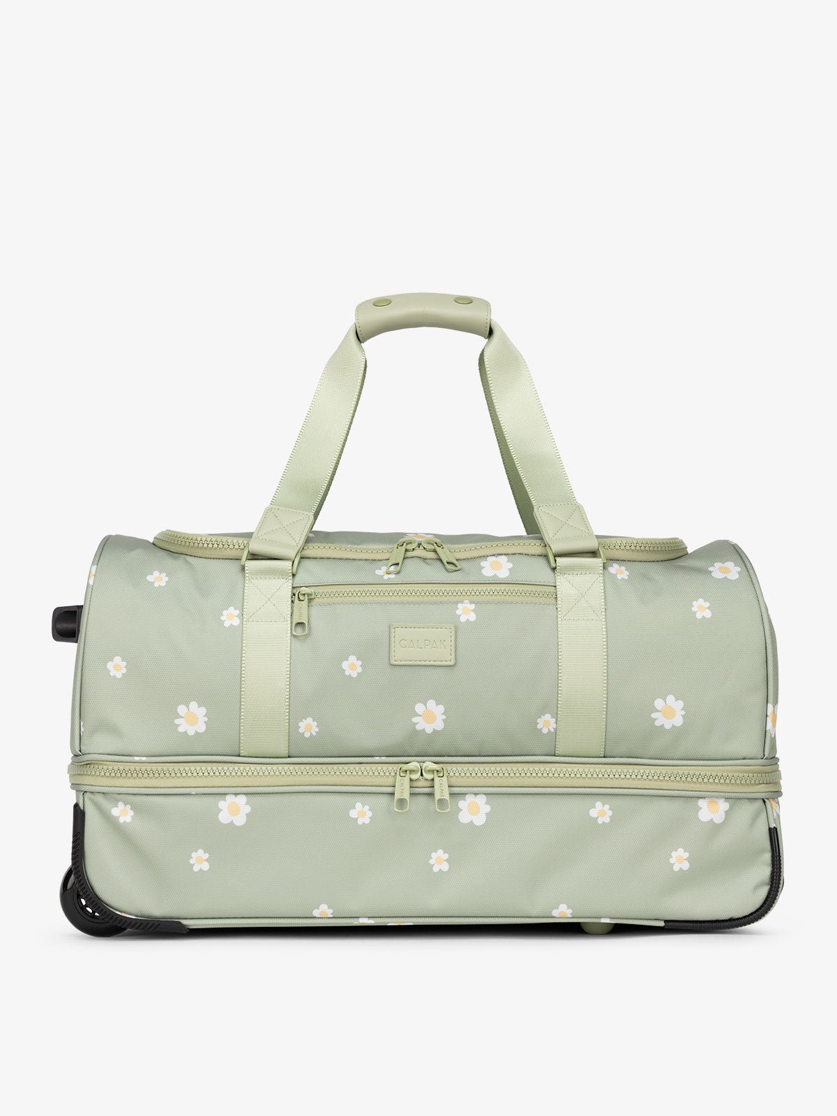 CALPAK Stevyn Rolling Duffel bag with dual top handles and shoe compartment in daisy green