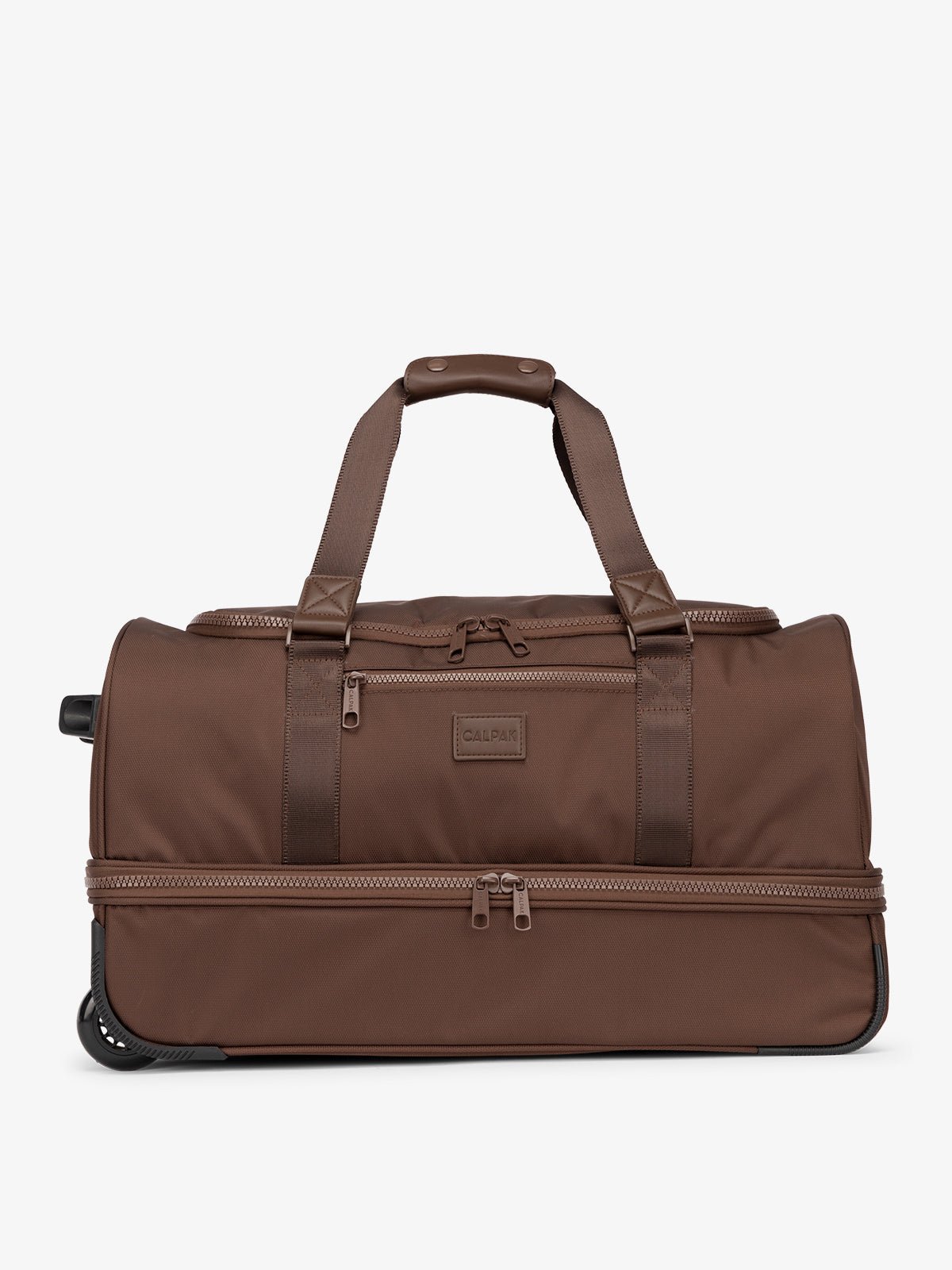 CALPAK Stevyn Rolling Duffel bag with dual top handles and shoe compartment in walnut brown