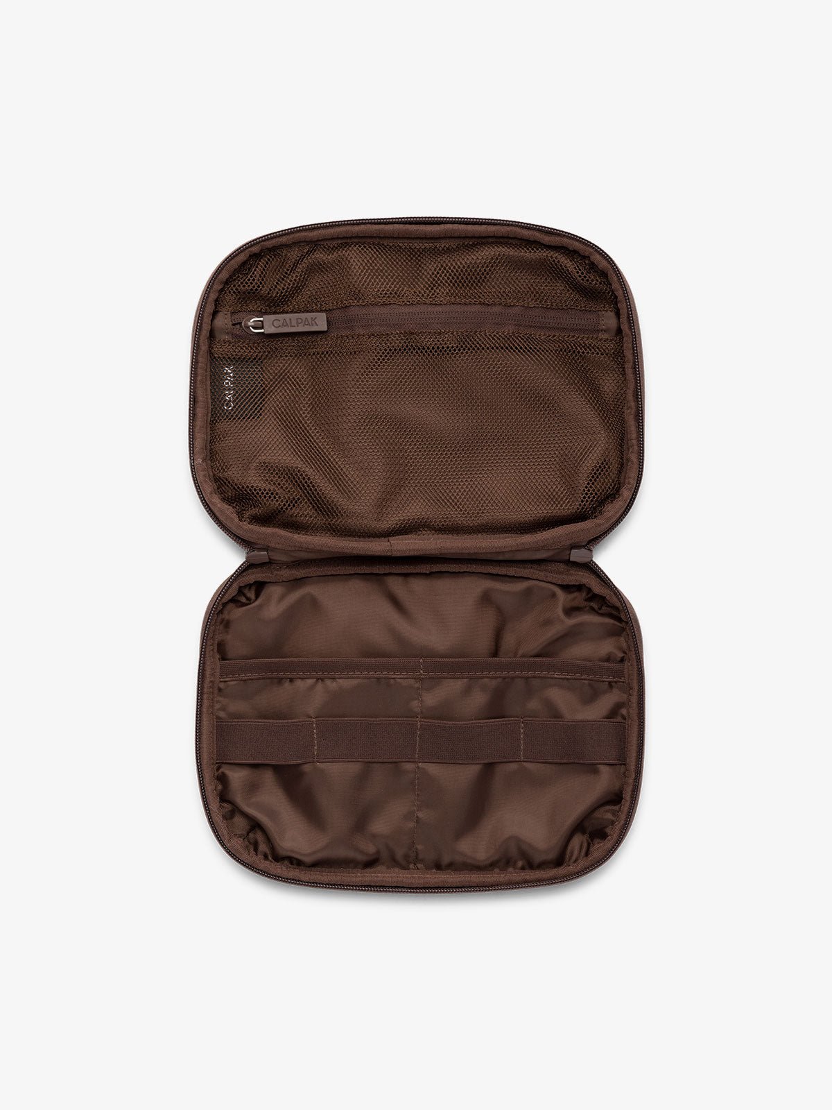 Interior view of tablet organizer in brown with loops and zippered pockets for organizing electronics and belongings