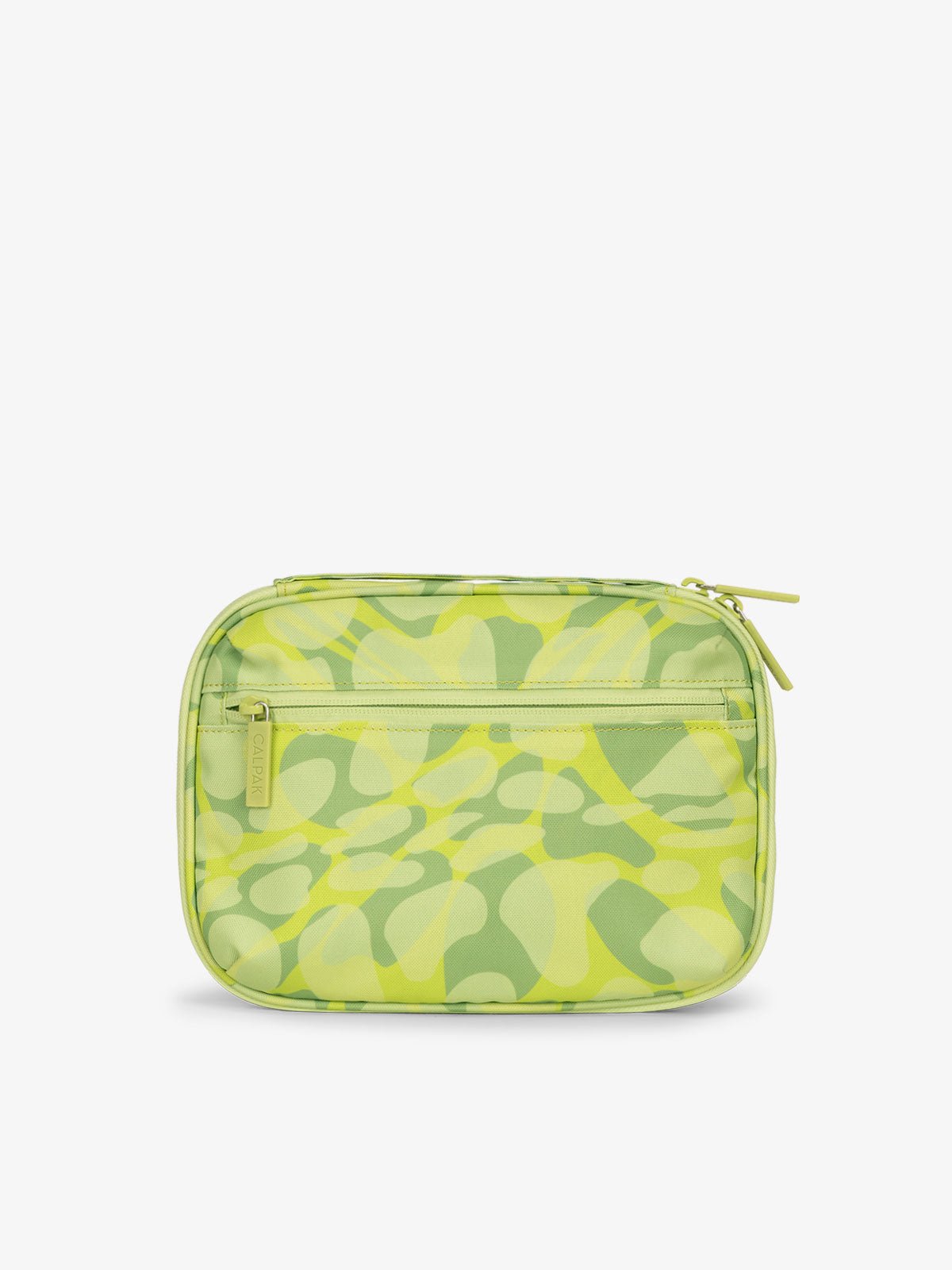 Back-view of tablet organizer featuring zippered pouch in abstract green print