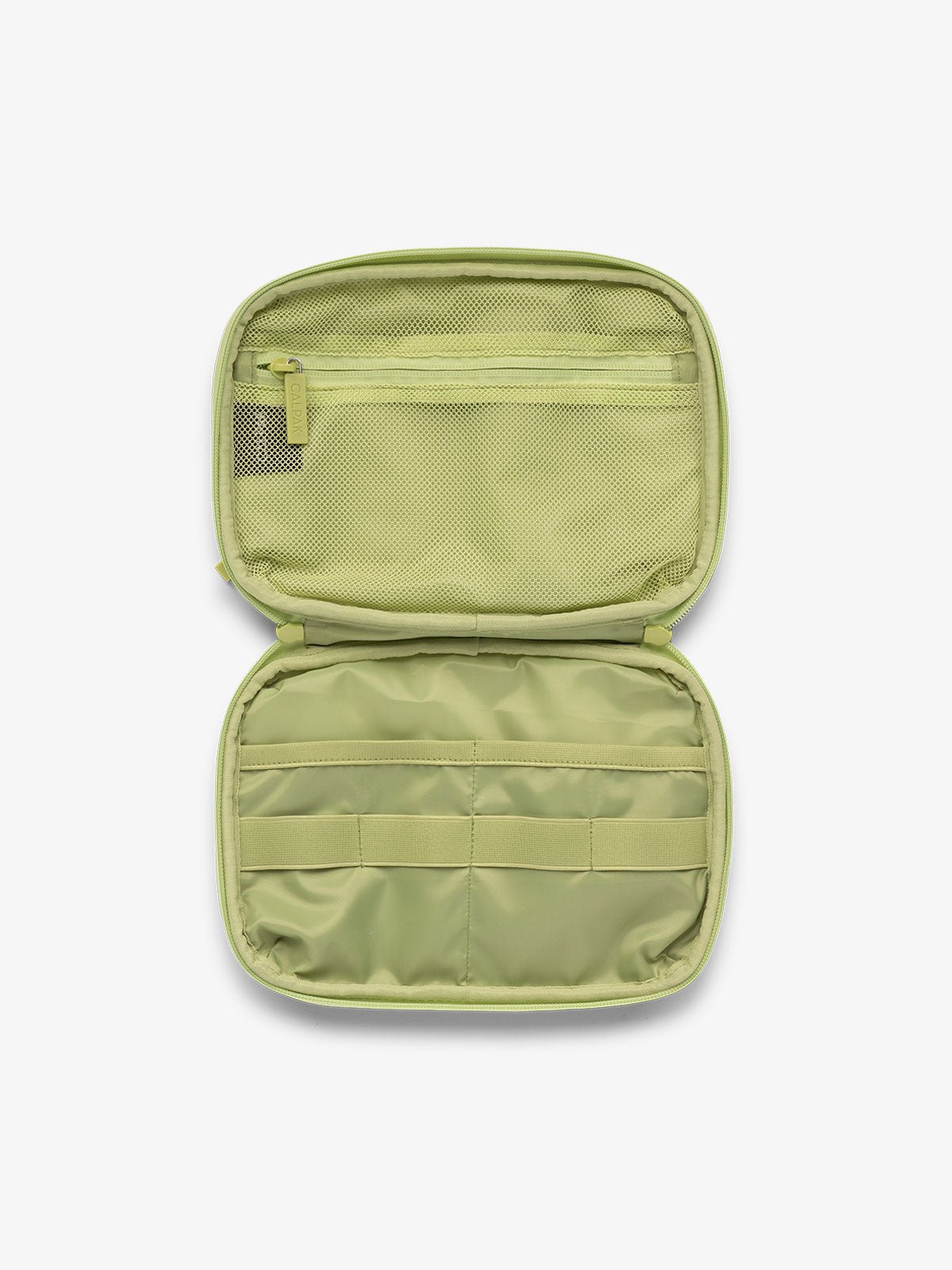 Interior view of tablet organizer in abstract green lime viper with loops and zippered pockets for organizing electronics and belongings