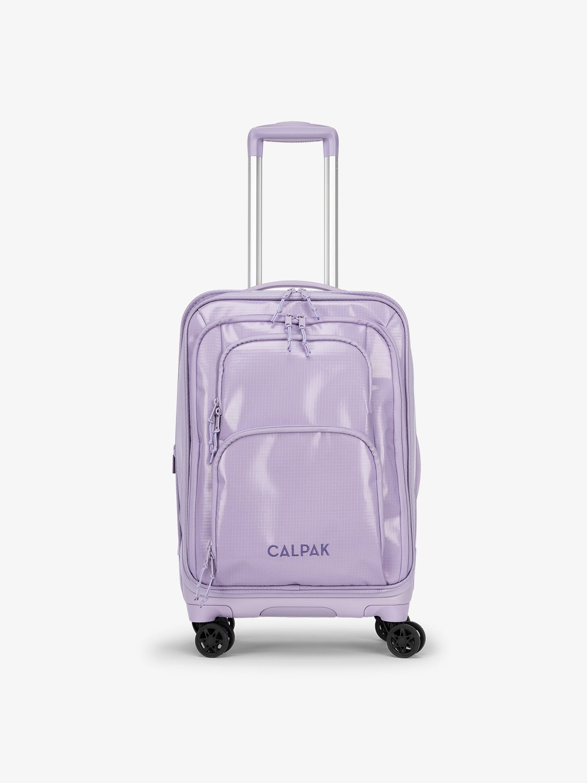 CALPAK Terra Carry-On Luggage soft shell view with 360 spinner wheels in amethyst
