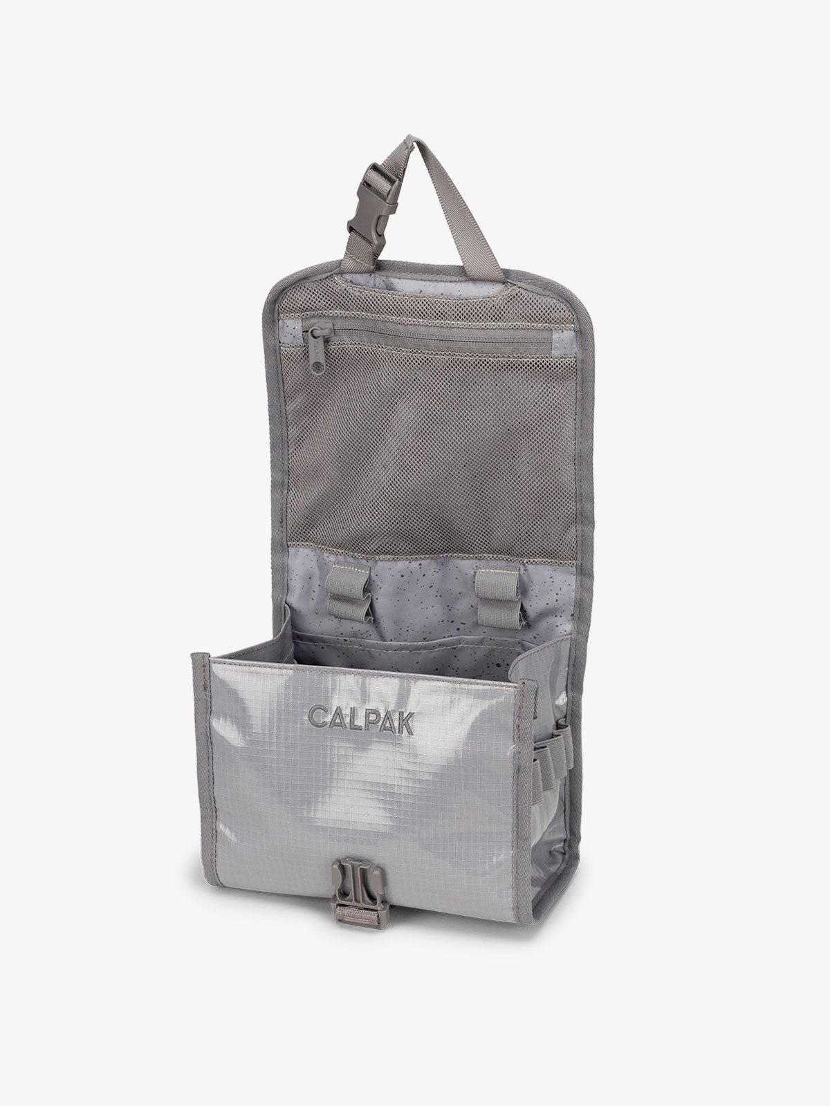 CALPAK Terra Hanging Travel Toiletry Bag for women with buckle closure, hanging hook and multiple compartments in gray