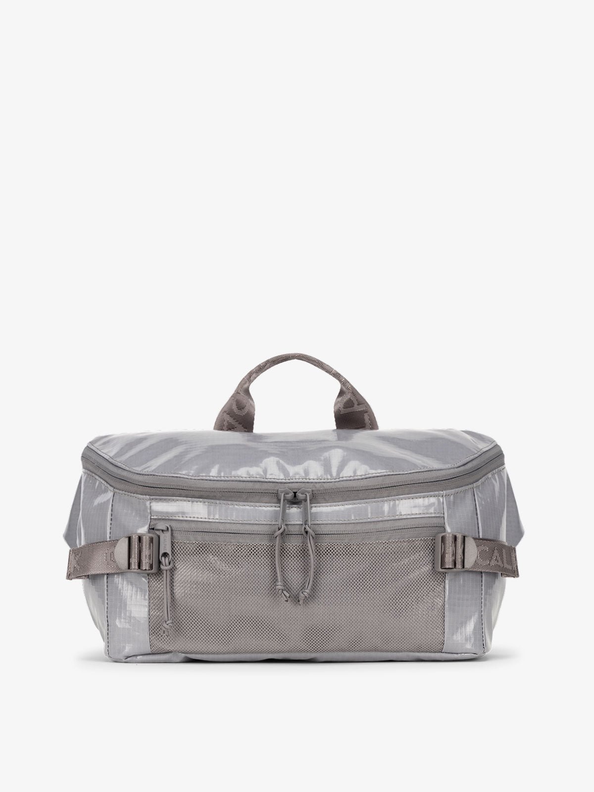 CALPAK Terra Sling Bag with mesh front pocket and top handle in gray storm