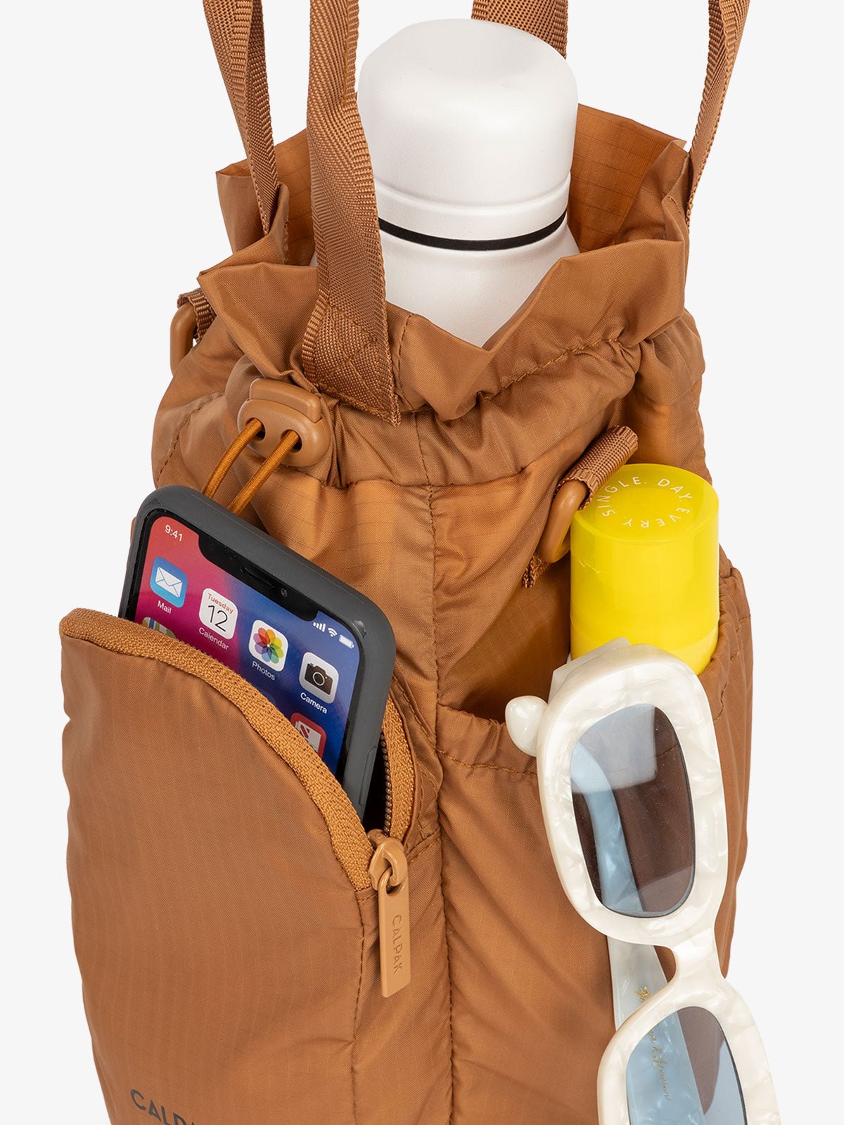 CALPAK Water Bottle carrier with zippered pocket in brown