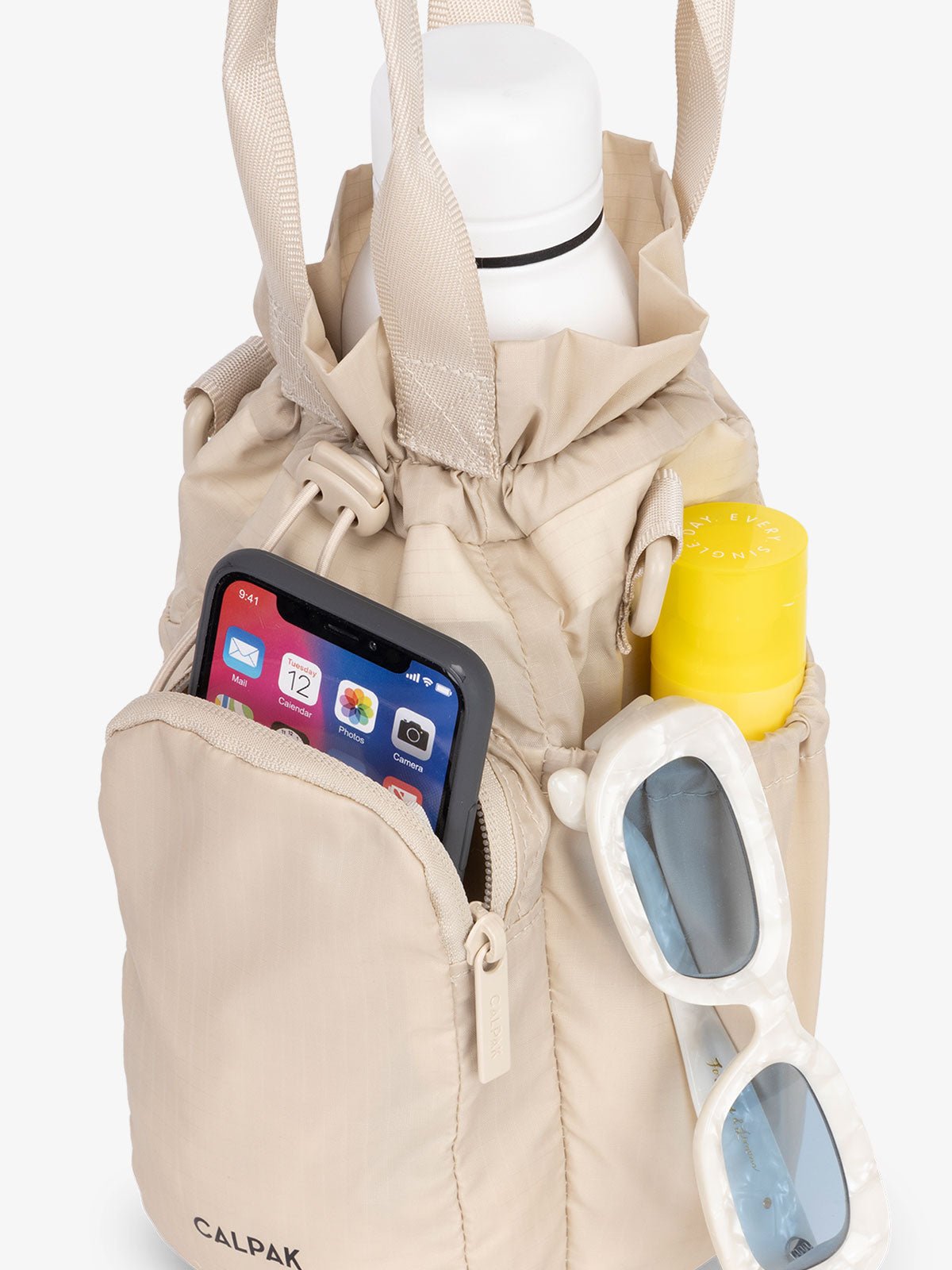 CALPAK Water Bottle carrier with zippered pocket in beige oatmeal