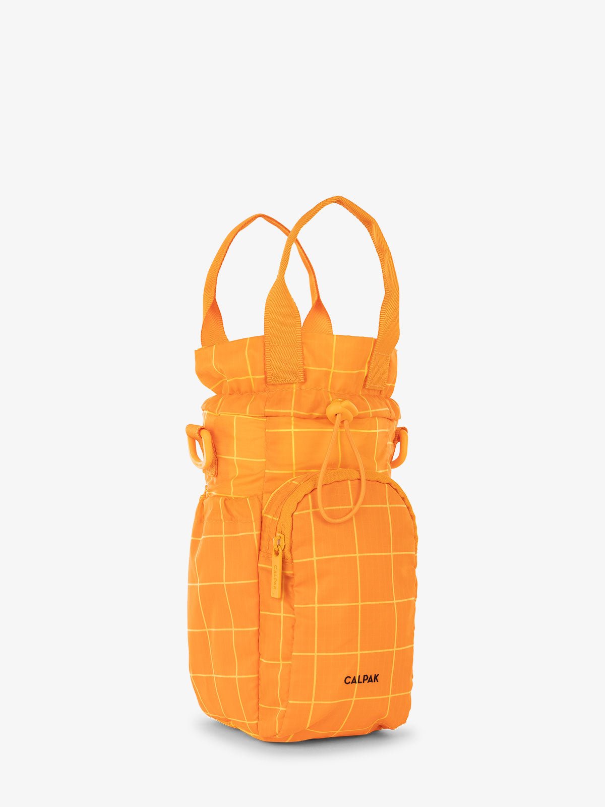 CALPAK Water Bottle Holder purse with zipped pocket for phone in orange grid