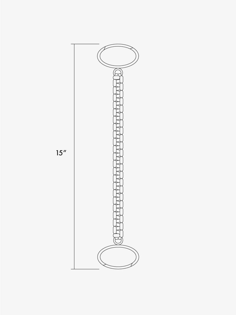 Measurement chart of a keychain with chain length labeled as 15 inches on a white background;