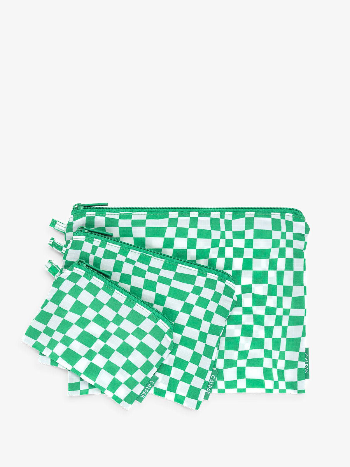CALPAK Compakt zippered pouches in green checkerboard