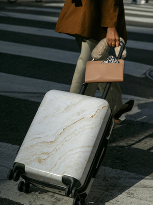 CALPAK gold marble hard side carry-on luggage for travel; LGM1020-GOLD-MARBLE