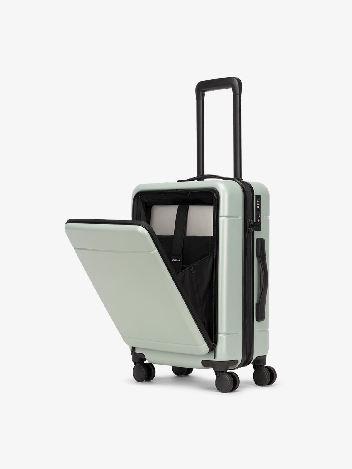 jade green Hue hard shell carry-on spinner light green jade luggage with laptop compartment