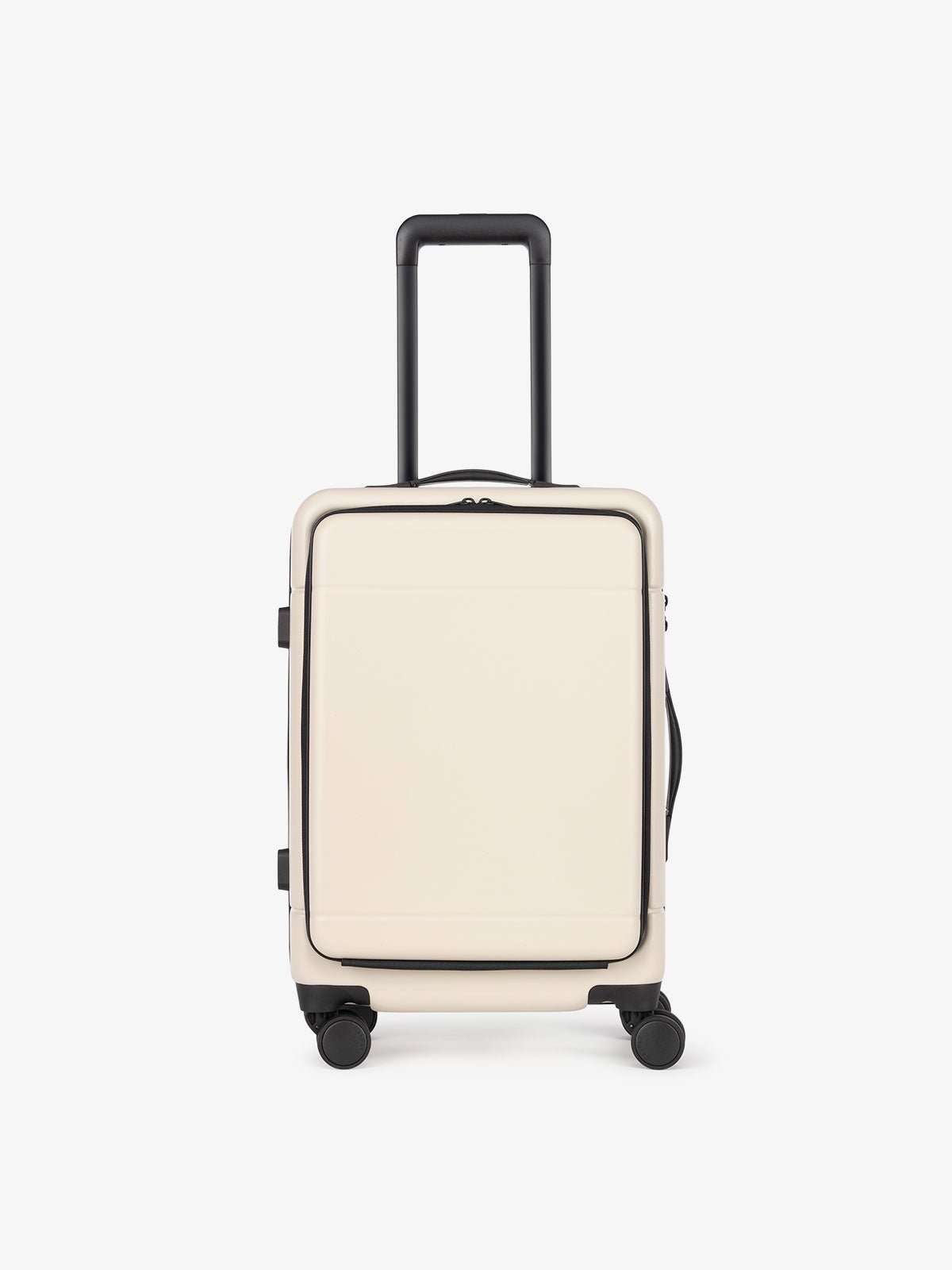 CALPAK Hue hardside carry-on spinner luggage with laptop compartment in cream linen color