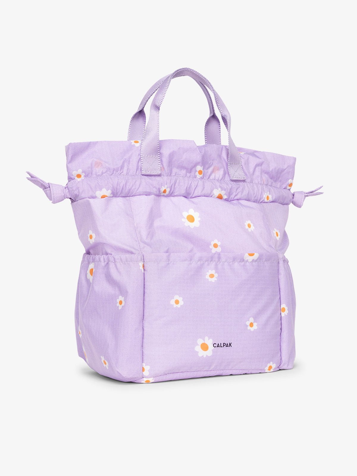 CALPAK Insulated Lunch Bag for men with multiple pockets and drawstring closure in light purple floral print