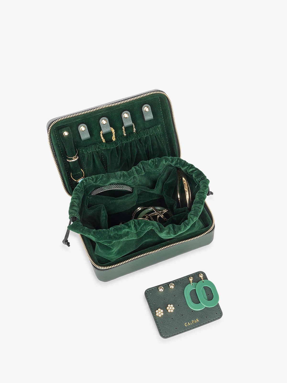 CALPAK zippered jewelry box for necklaces rings and earrings in emerald green