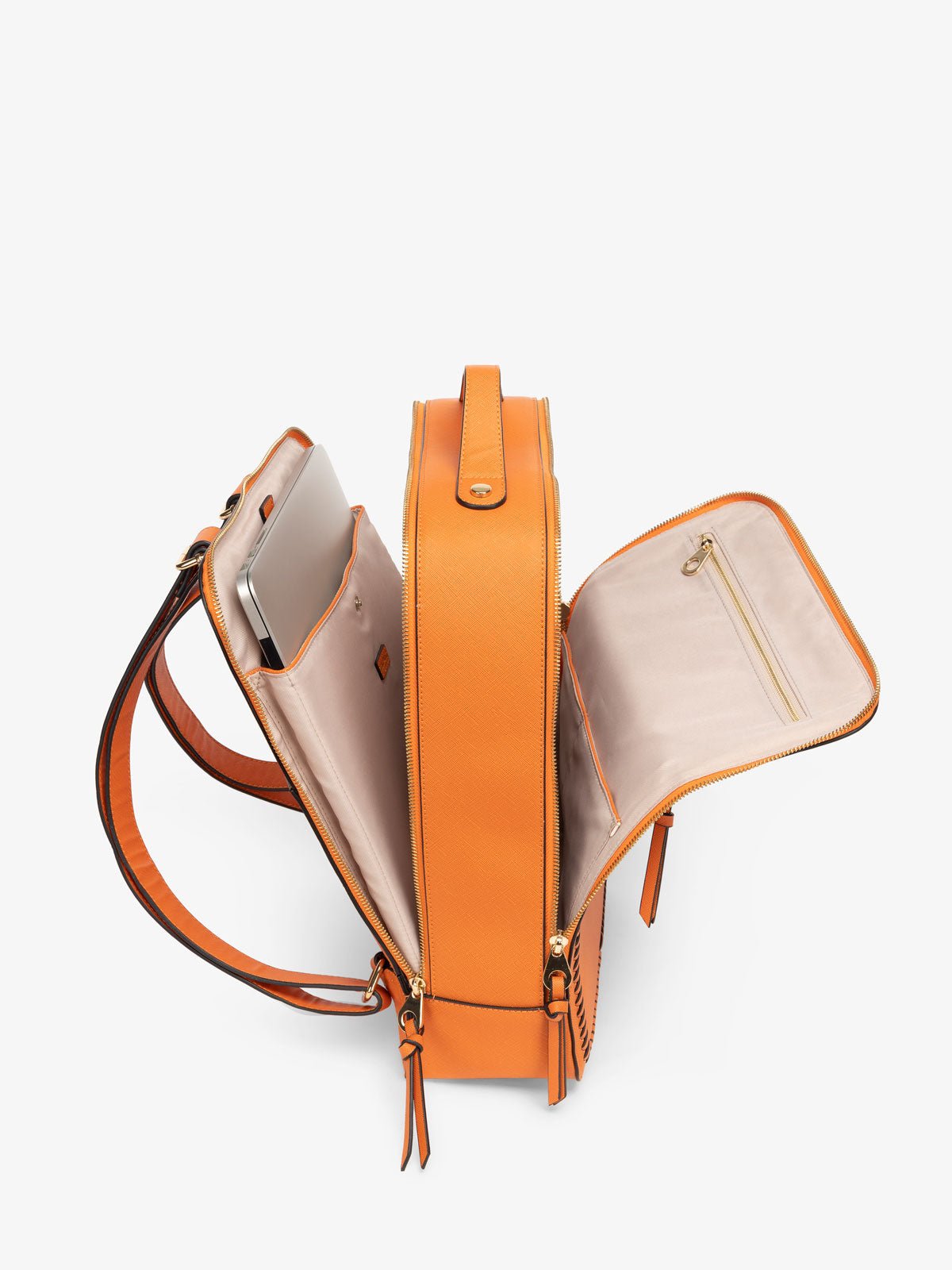compartments for Kaya laptop backpack in orange papaya