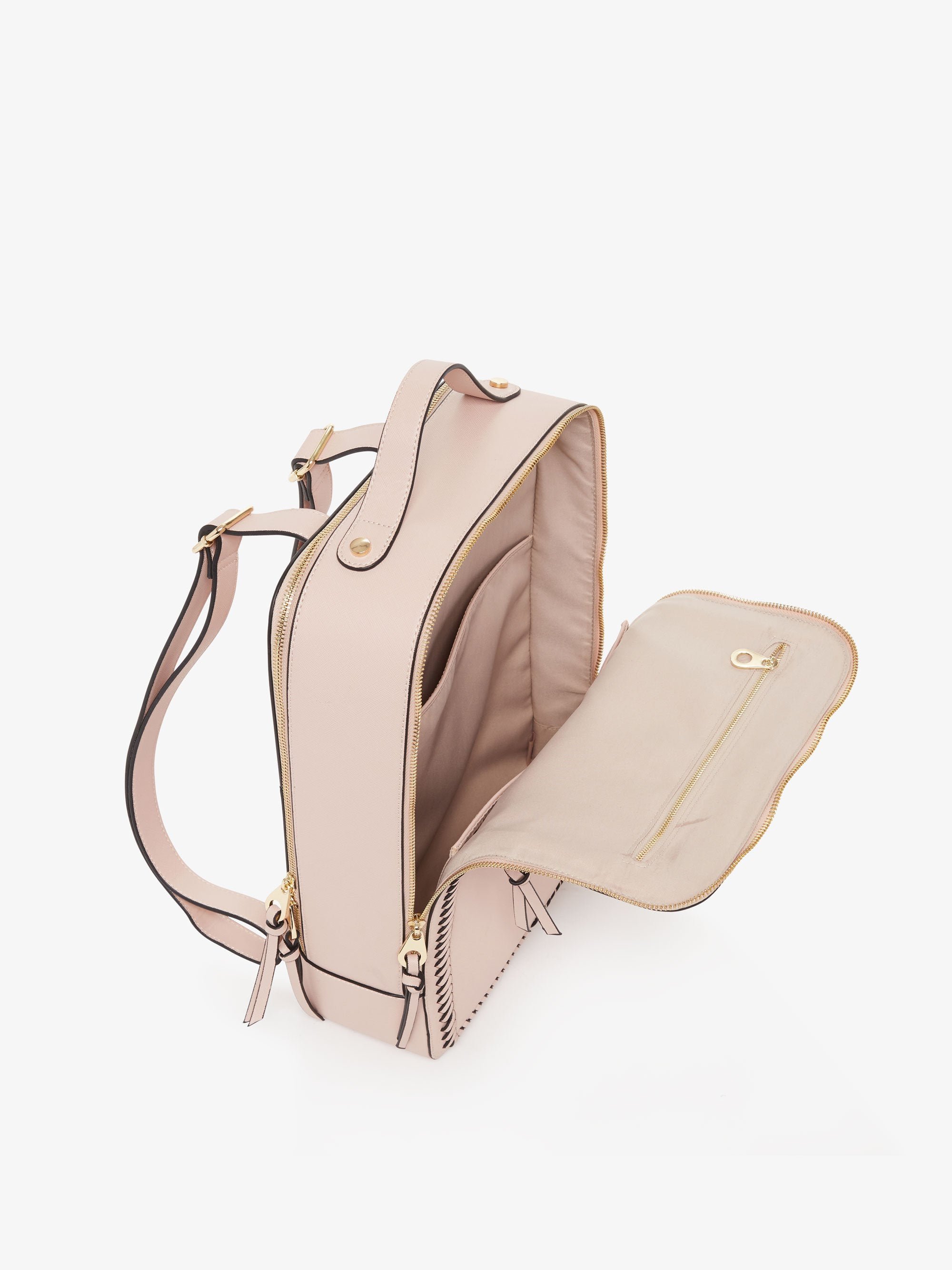 pink blush CALPAK Kaya laptop backpack with open compartment - top view