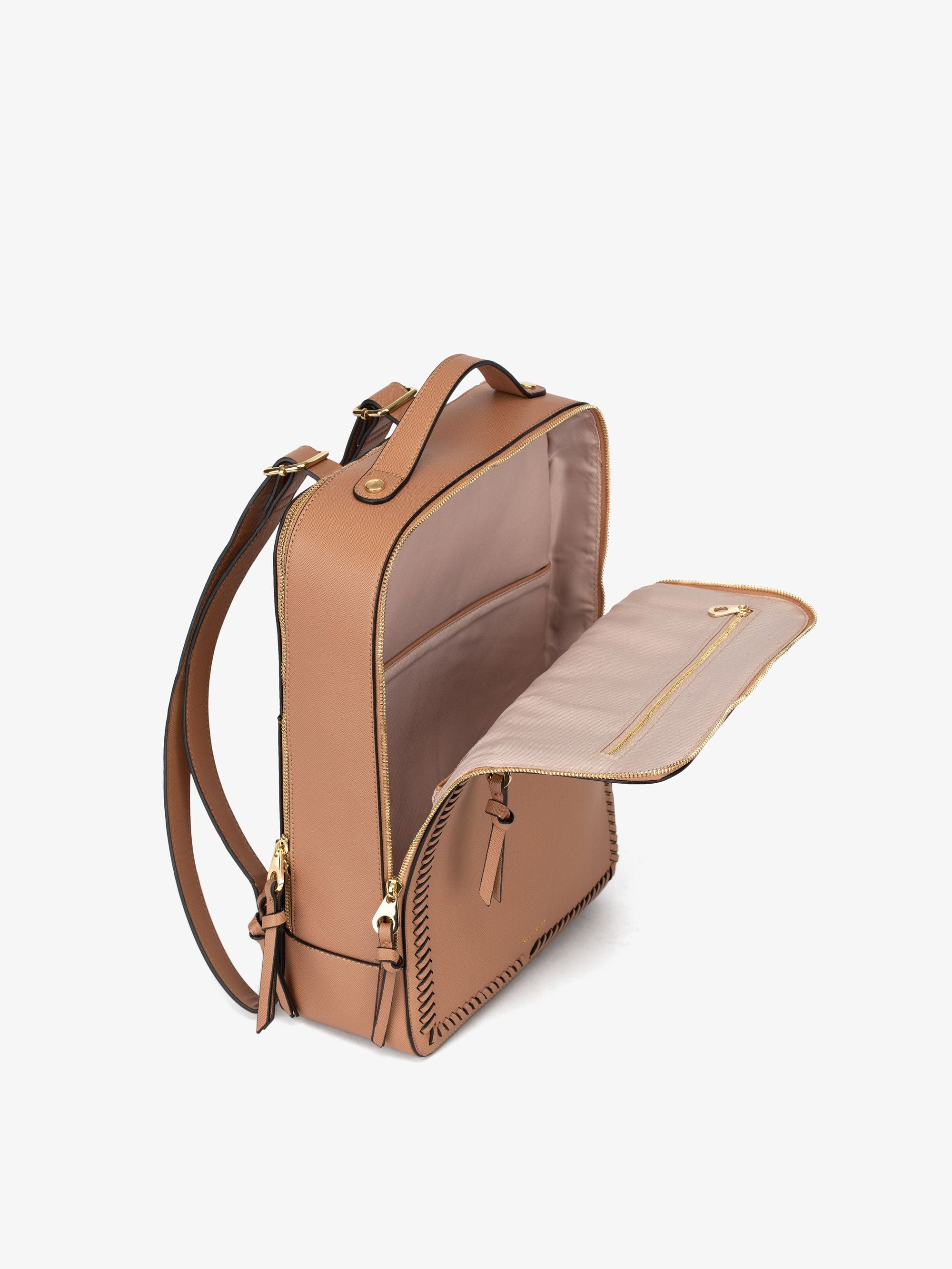 caramel brown CALPAK Kaya laptop backpack for women with zippered compartments