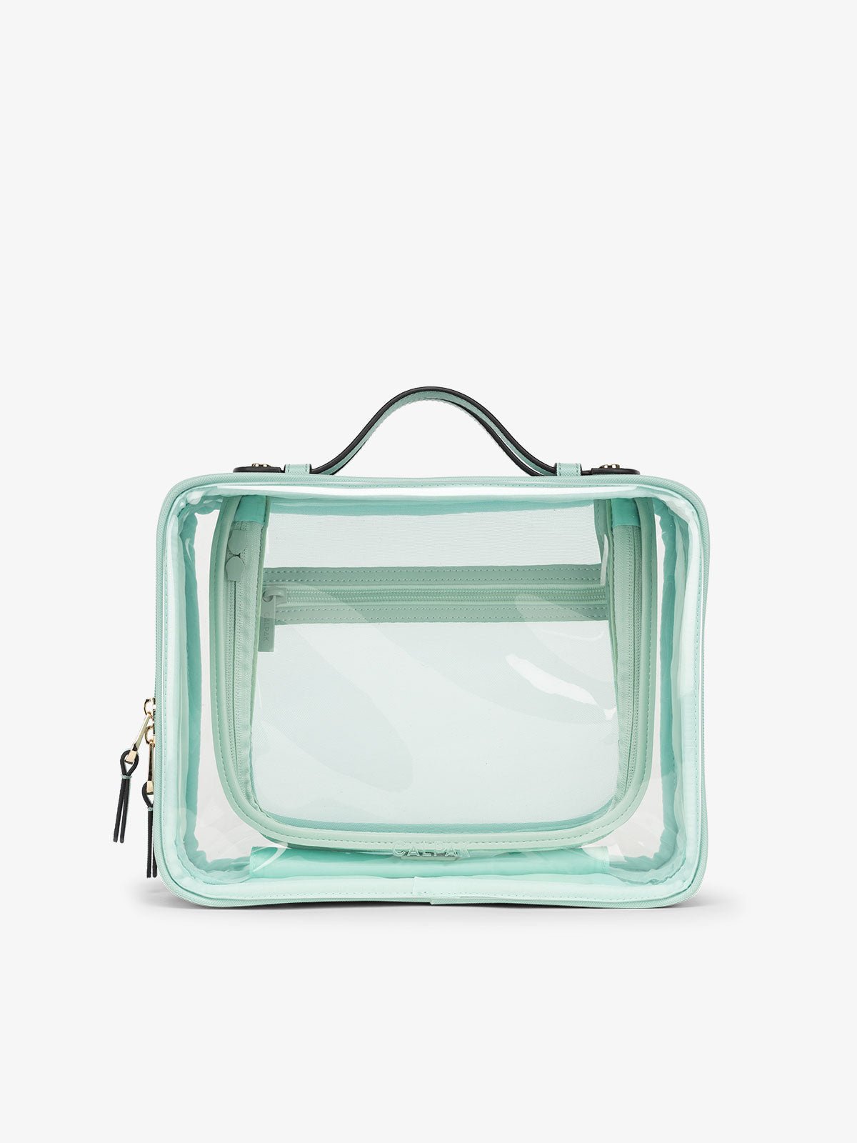 CALPAK Large clear makeup bag with dual handles and zippered compartments in aqua