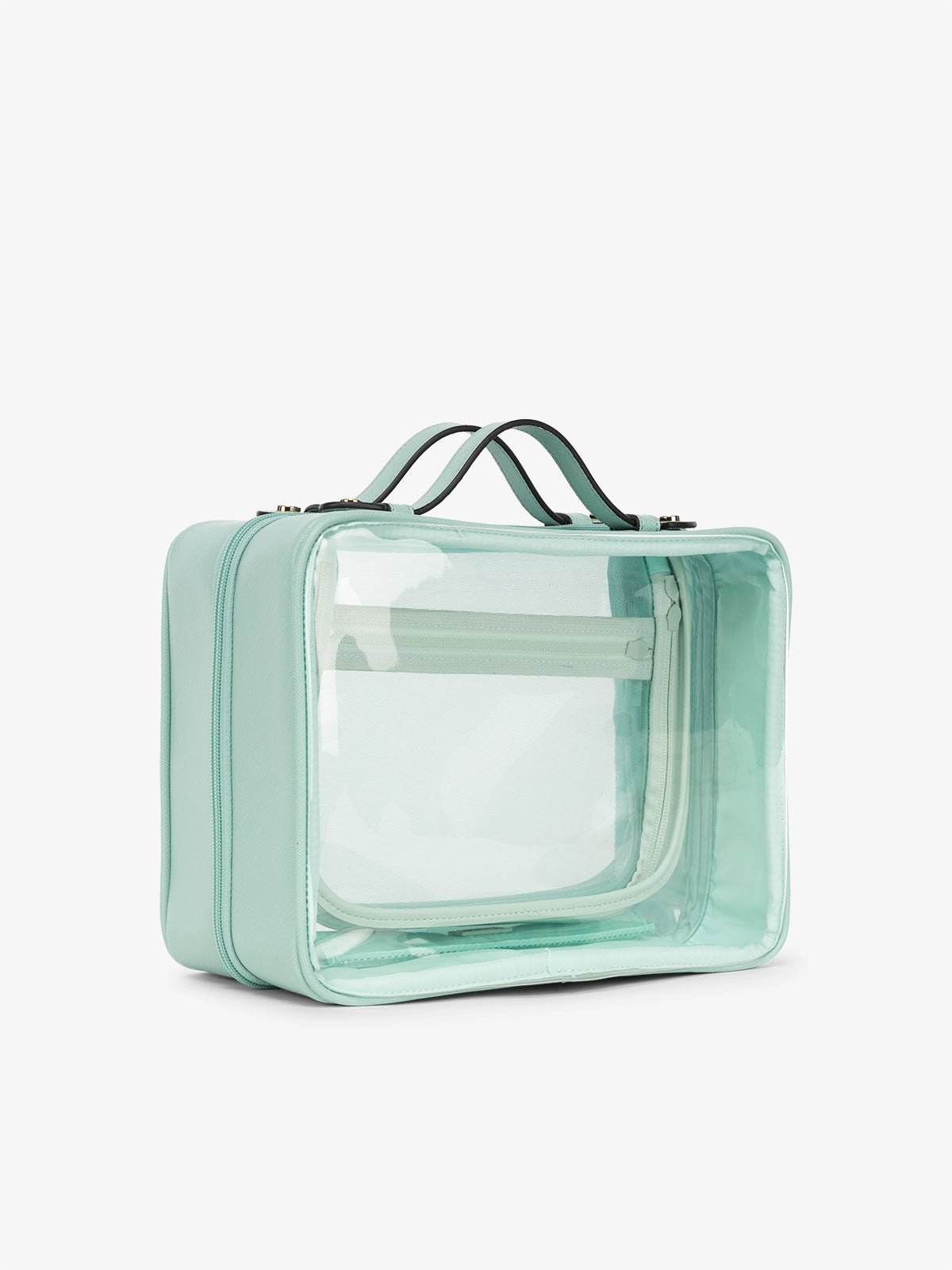 CALPAK large clear skincare bag with multiple zippered compartments in aqua blue