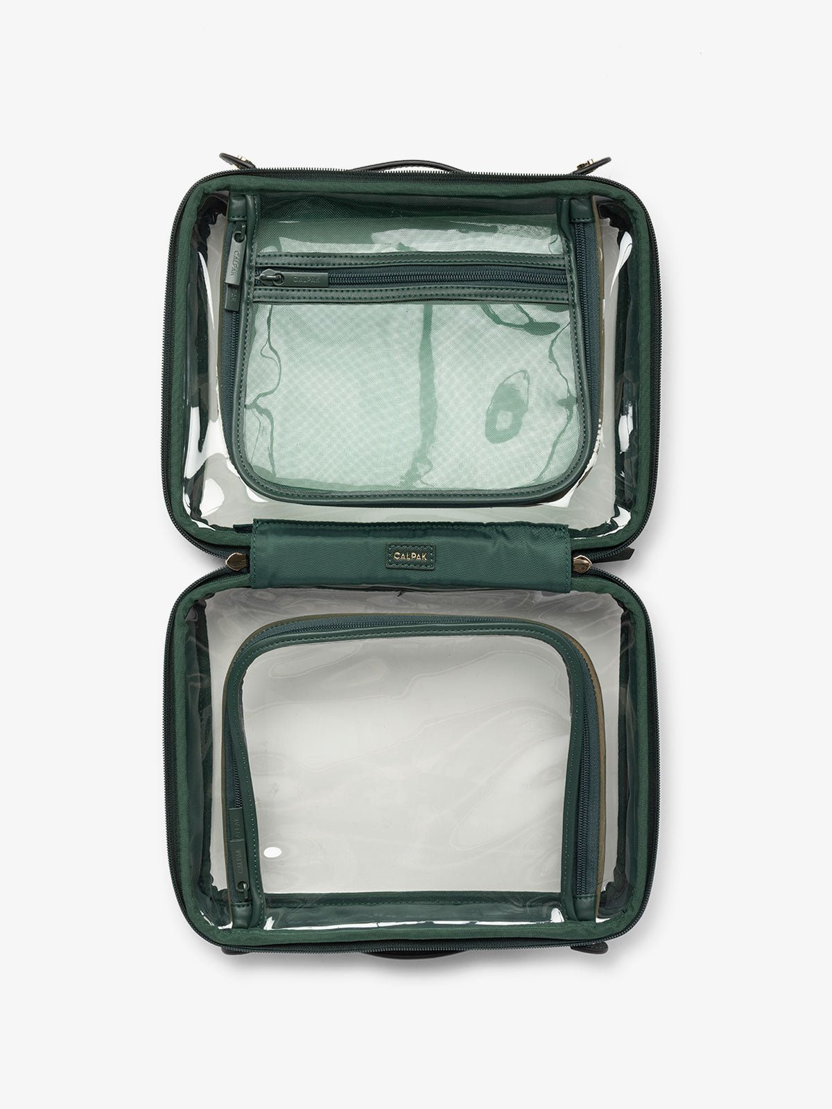 CALPAK large clear skincare bag with multiple zippered compartments in green