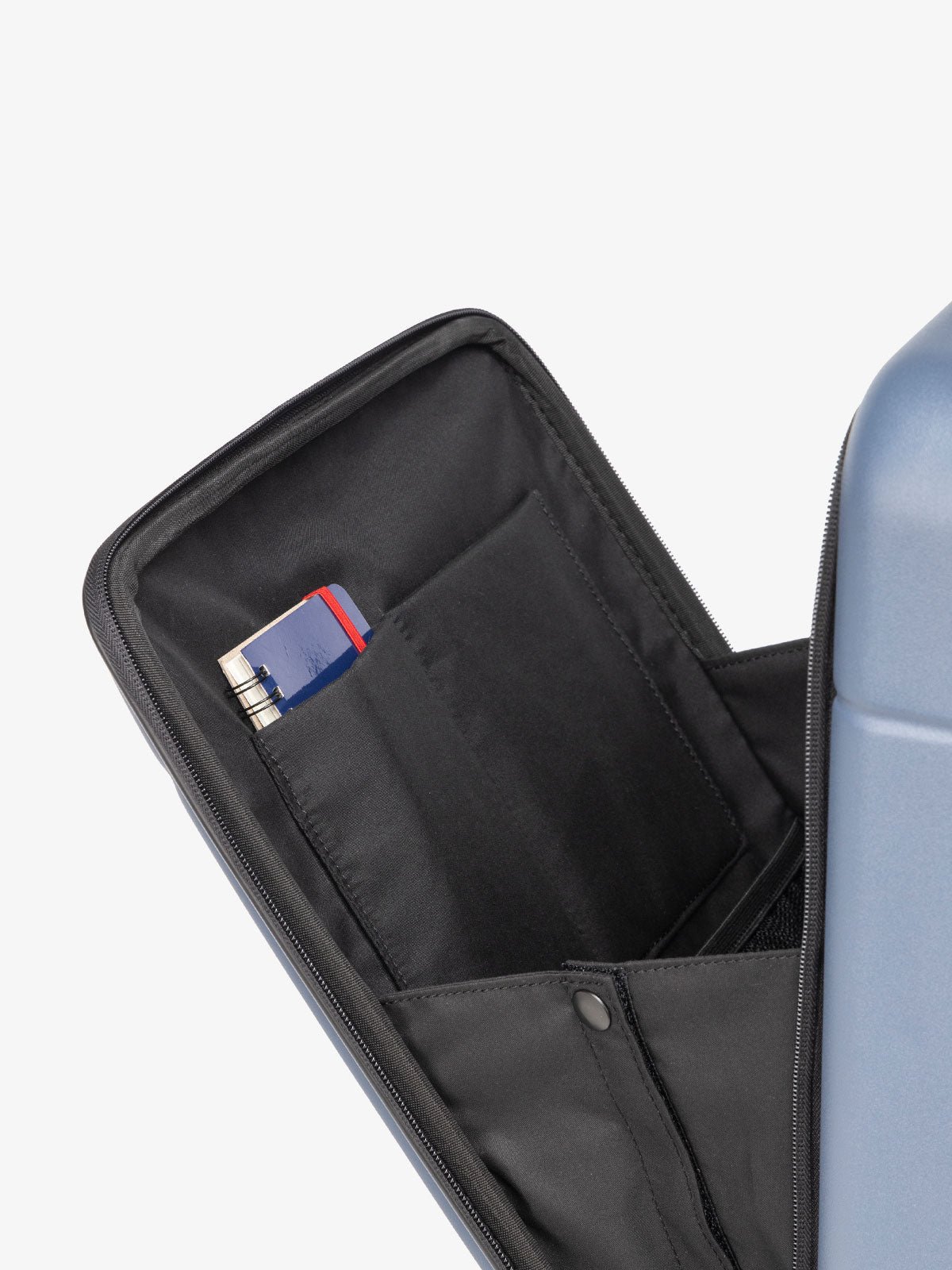 Hue carry on luggage with hard shell front pocket