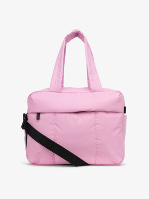 CALPAK Luka Duffel puffy Bag with detachable strap and zippered front pocket in pink; DSM1901-BUBBLEGUM