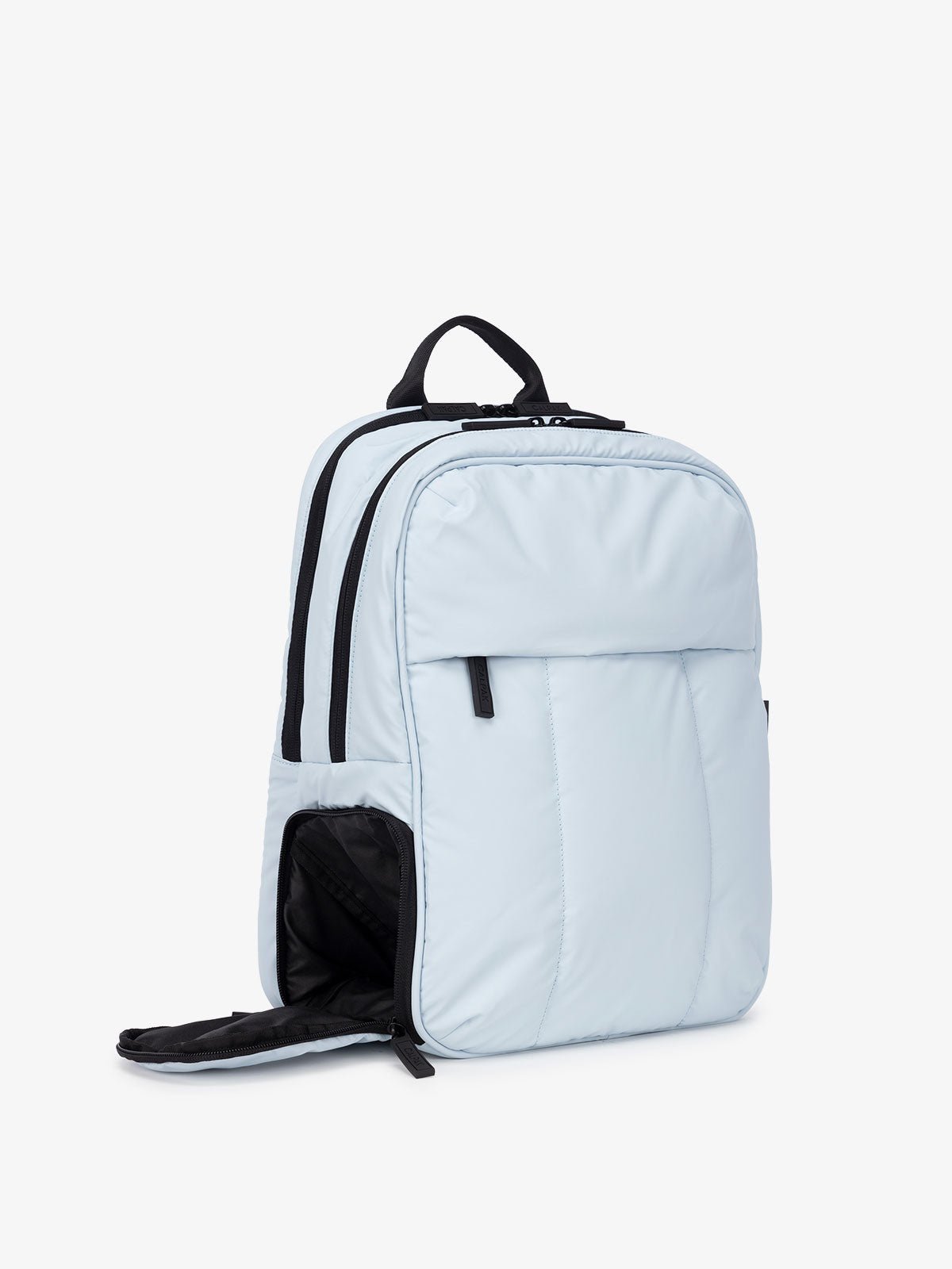 blue travel backpack with laptop sleeve