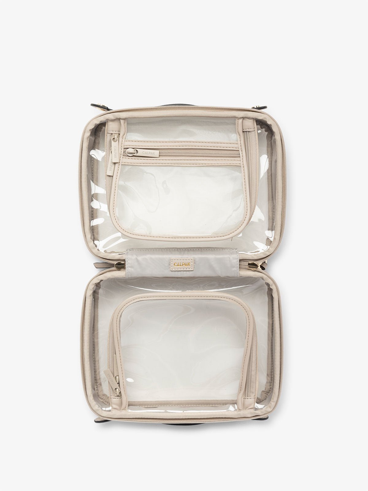 CALPAK medium clear skincare bag with multiple zippered compartments in stone white