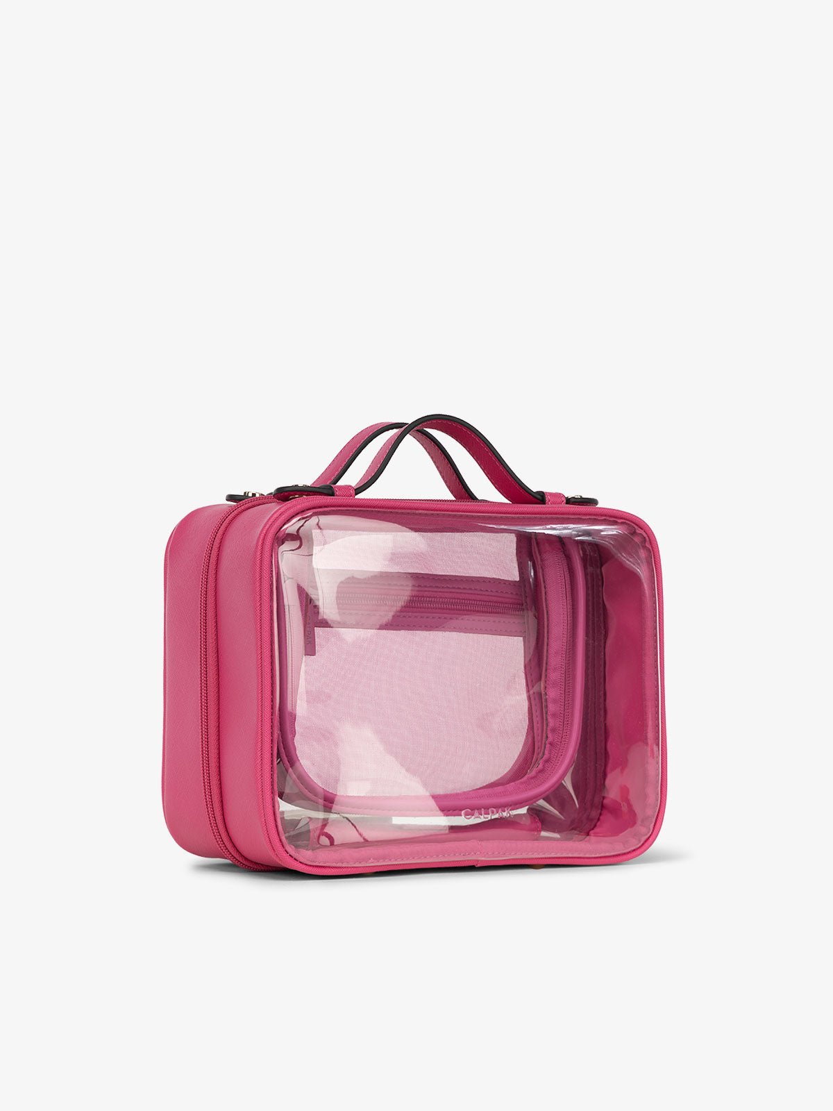 CALPAK medium clear cosmetics case with sturdy handles in pink