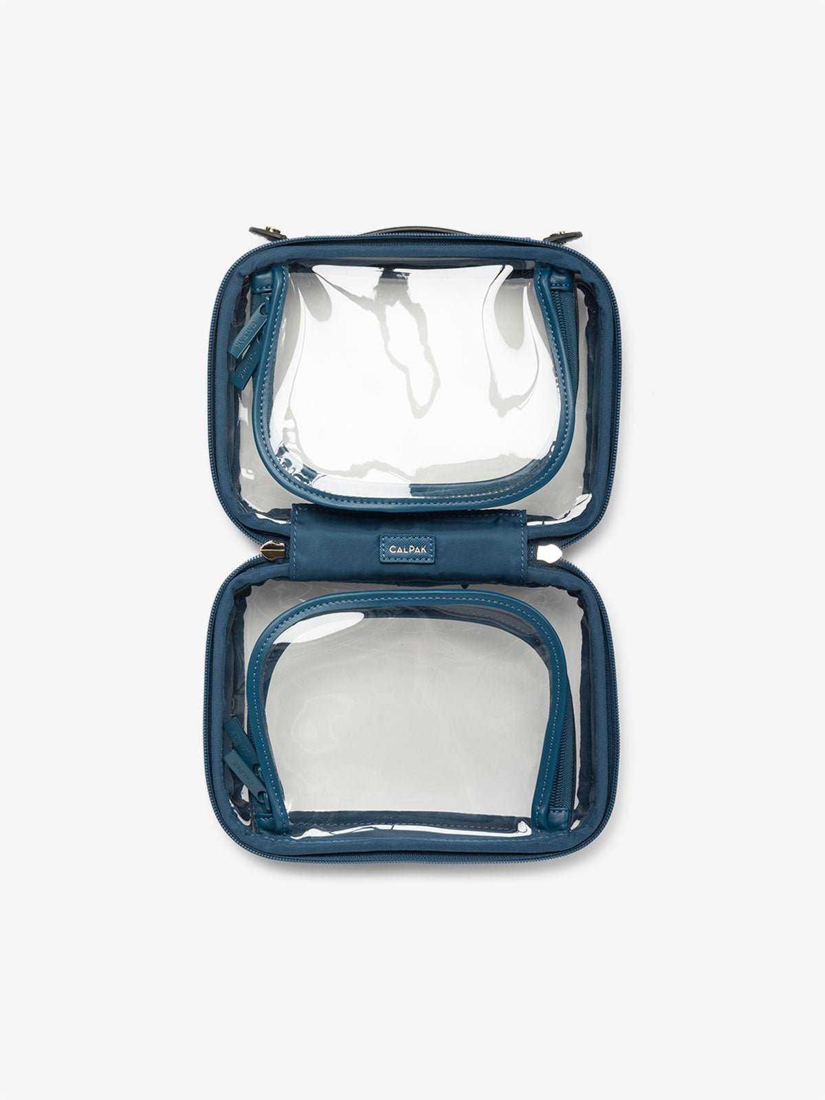 CALPAK small clear skincare bag with multiple zippered compartments in deep sea