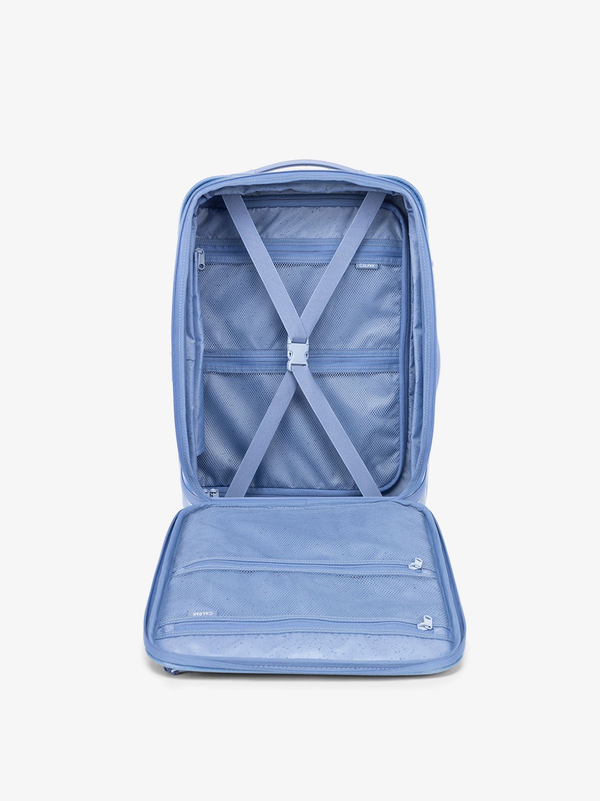 CALPAK Terra Carry-On Luggage interior with compression strap in glacier