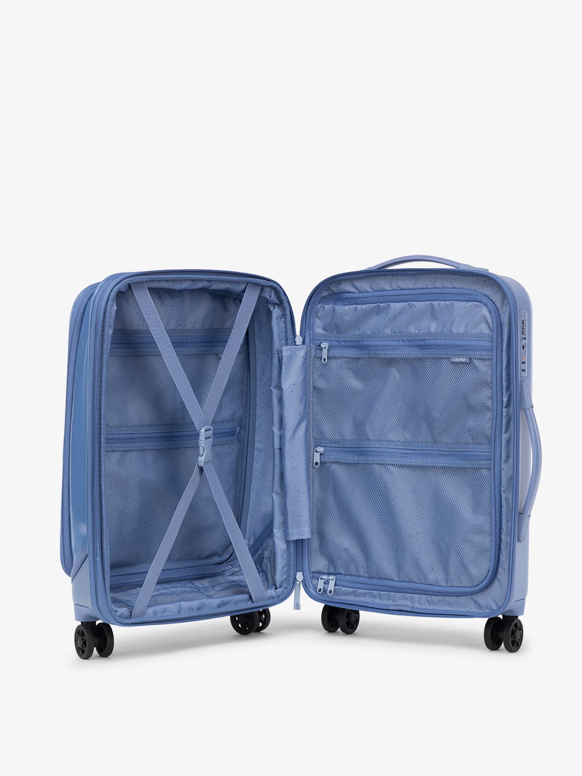 CALPAK Terra Carry-On Luggage interior with multiple pockets and compression strap in glacier