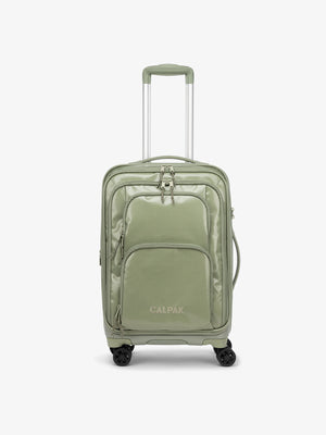 CALPAK Terra Carry-On Luggage front soft shell view with 360 spinner wheels in juniper; LTE1020-JUNIPER