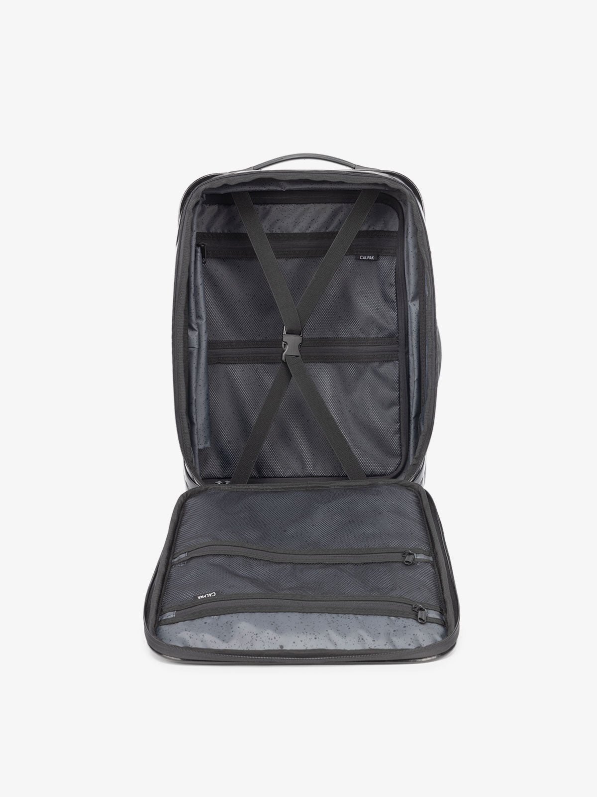 CALPAK Terra Carry-On Luggage interior with multiple zippered compartments and compression strap in obsidian