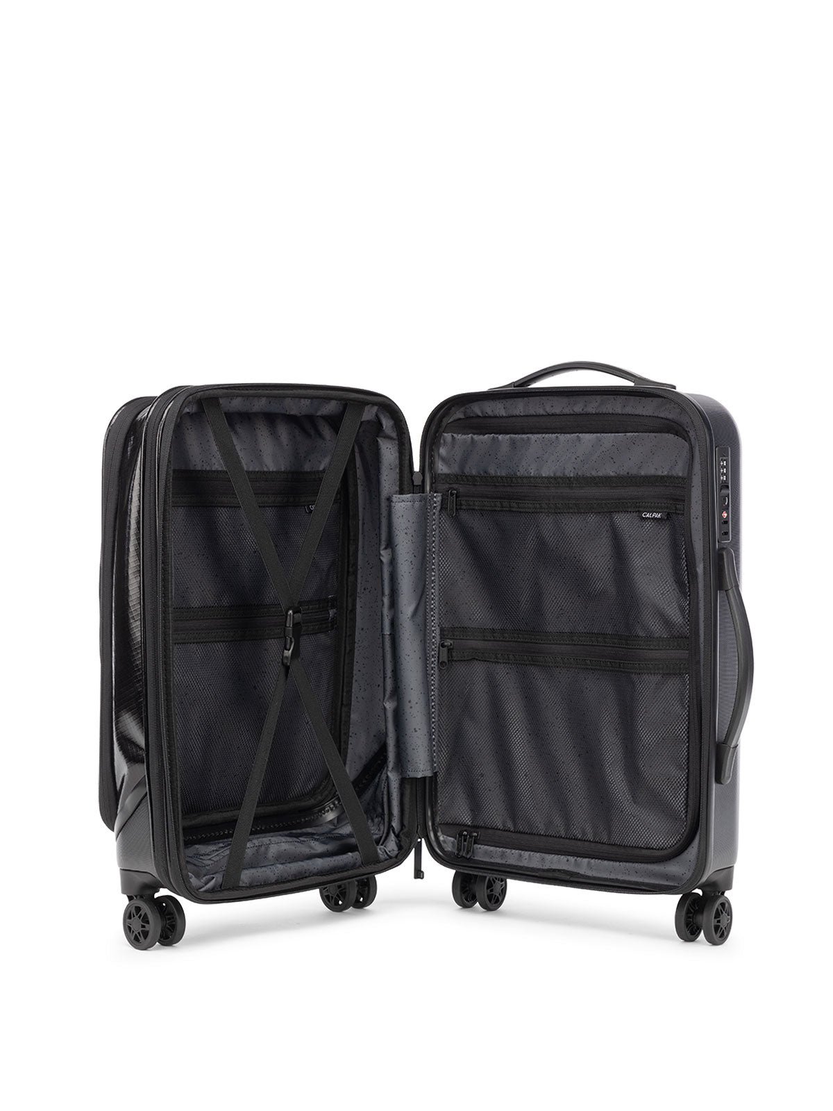 CALPAK Terra Carry-On Luggage interior with multiple zipped pockets and compression strap in obsidian