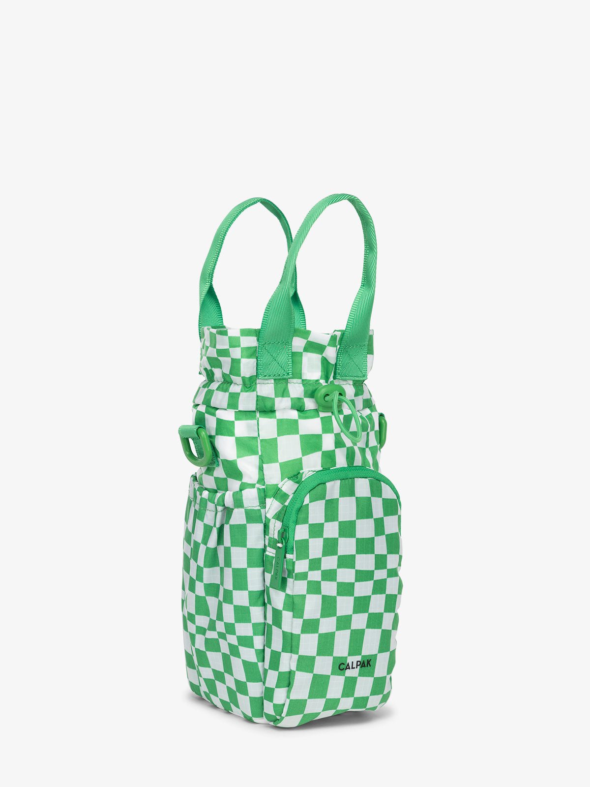 CALPAK Water Bottle Holder purse with zipped pocket for phone in green checkerboard
