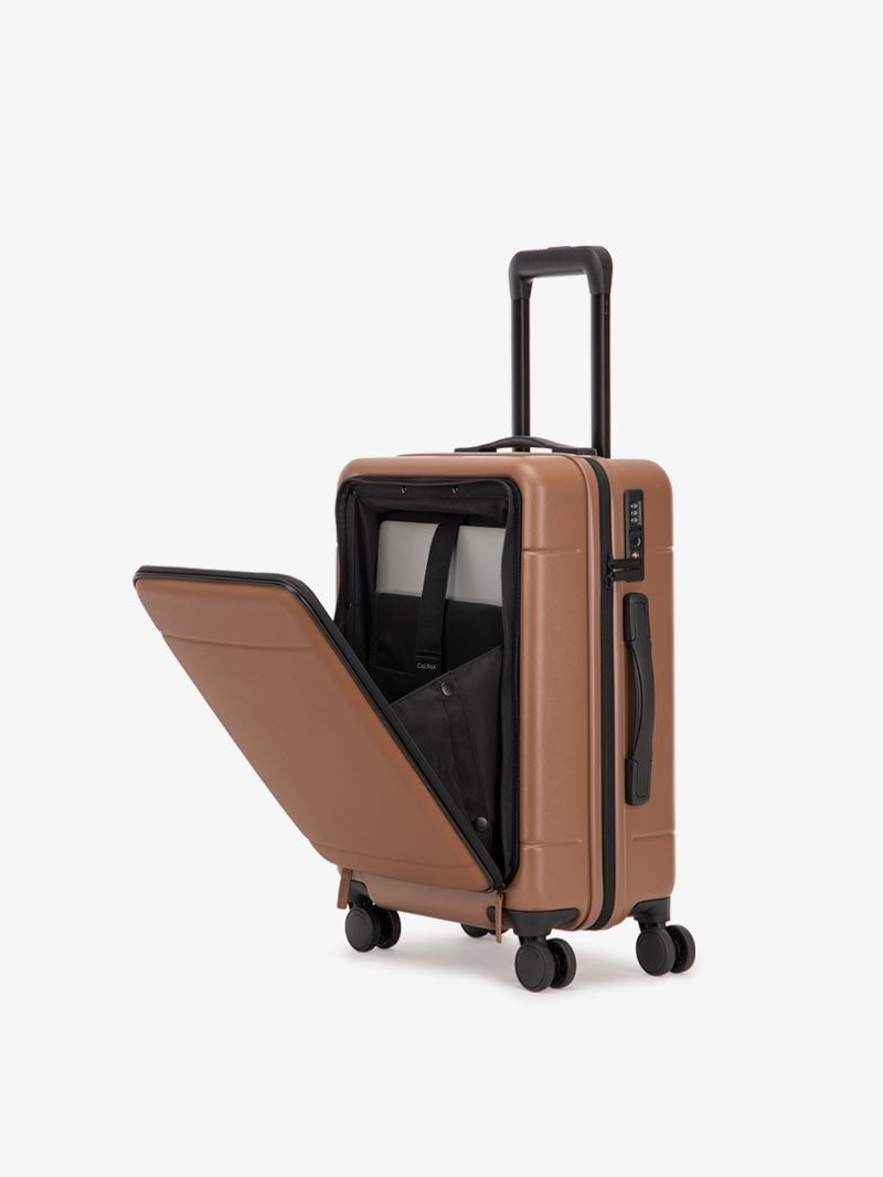 CALPAK Hue hard shell carry-on spinner luggage with laptop compartment in brown hazel color