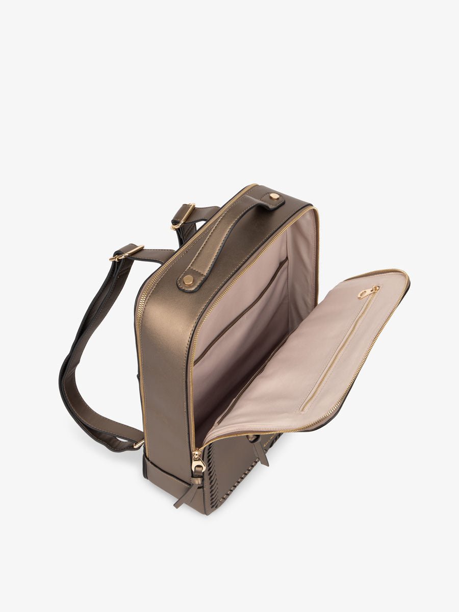 CALPAK Kaya laptop backpack in bronze color with open compartment