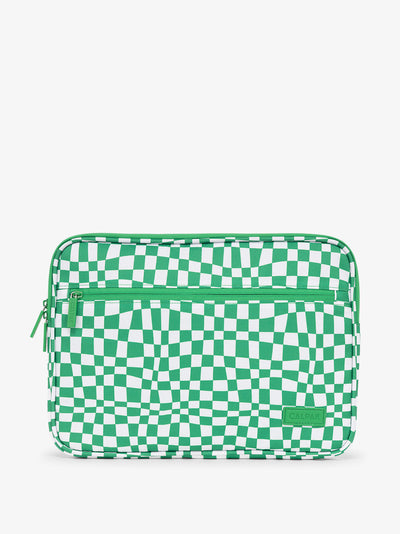 CALPAK 13-14 Inch Laptop Case with zippered front pocket in green checkerboard; ALP2213-GREEN-CHECKERBOARD