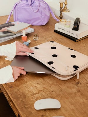CALPAK 13-14 Inch water resistant Laptop Sleeve for work in polka dot; ALP2213-POLKA-DOT