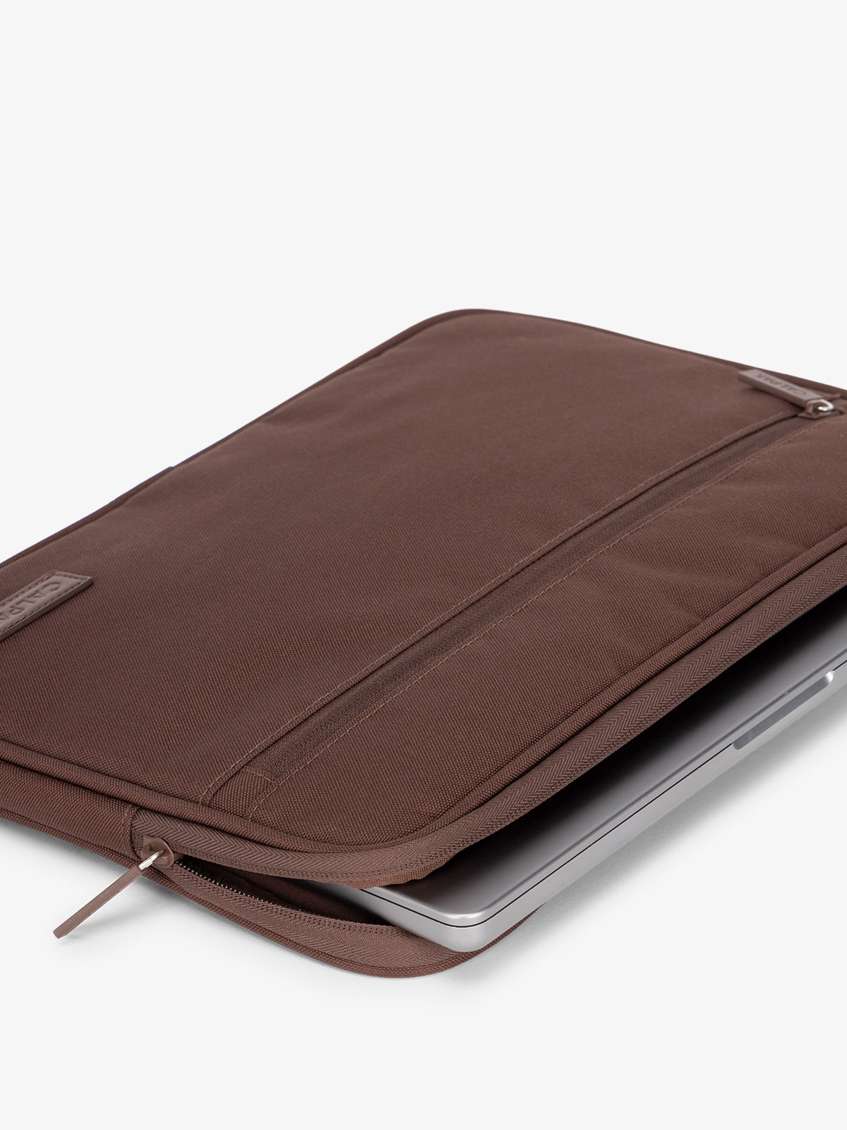 CALPAK 13-14" laptop sleeve with front zipper pouch in walnut brown; ALP2213-WALNUT