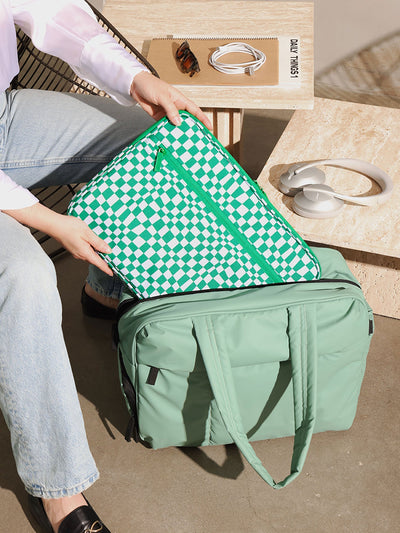 CALPAK 15-17 Inch Padded Laptop with zippered front pocket in green checkerboard; ALP2217-GREEN-CHECKERBOARD view 2