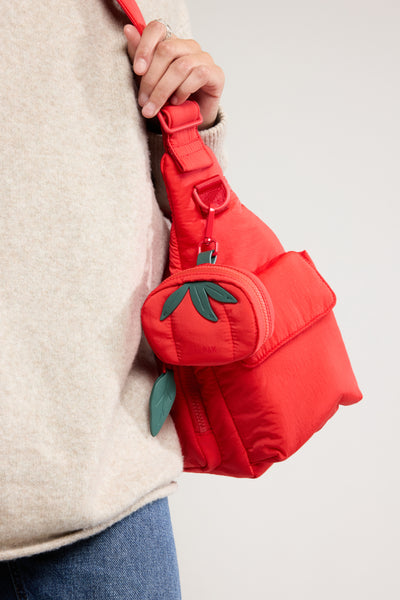 CALPAK Tomato Zip Bag Charm with green leaf zipper and red clip; TZP2601-TOMATO view 2