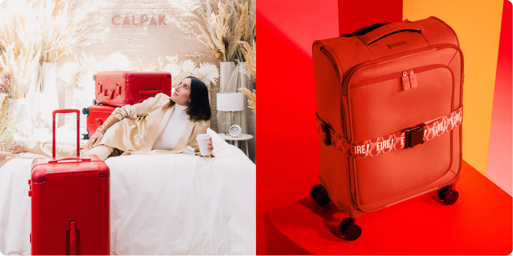 Jen Atkin with red Jen Atkin luggage + Taco Bell x Calpak Luggage