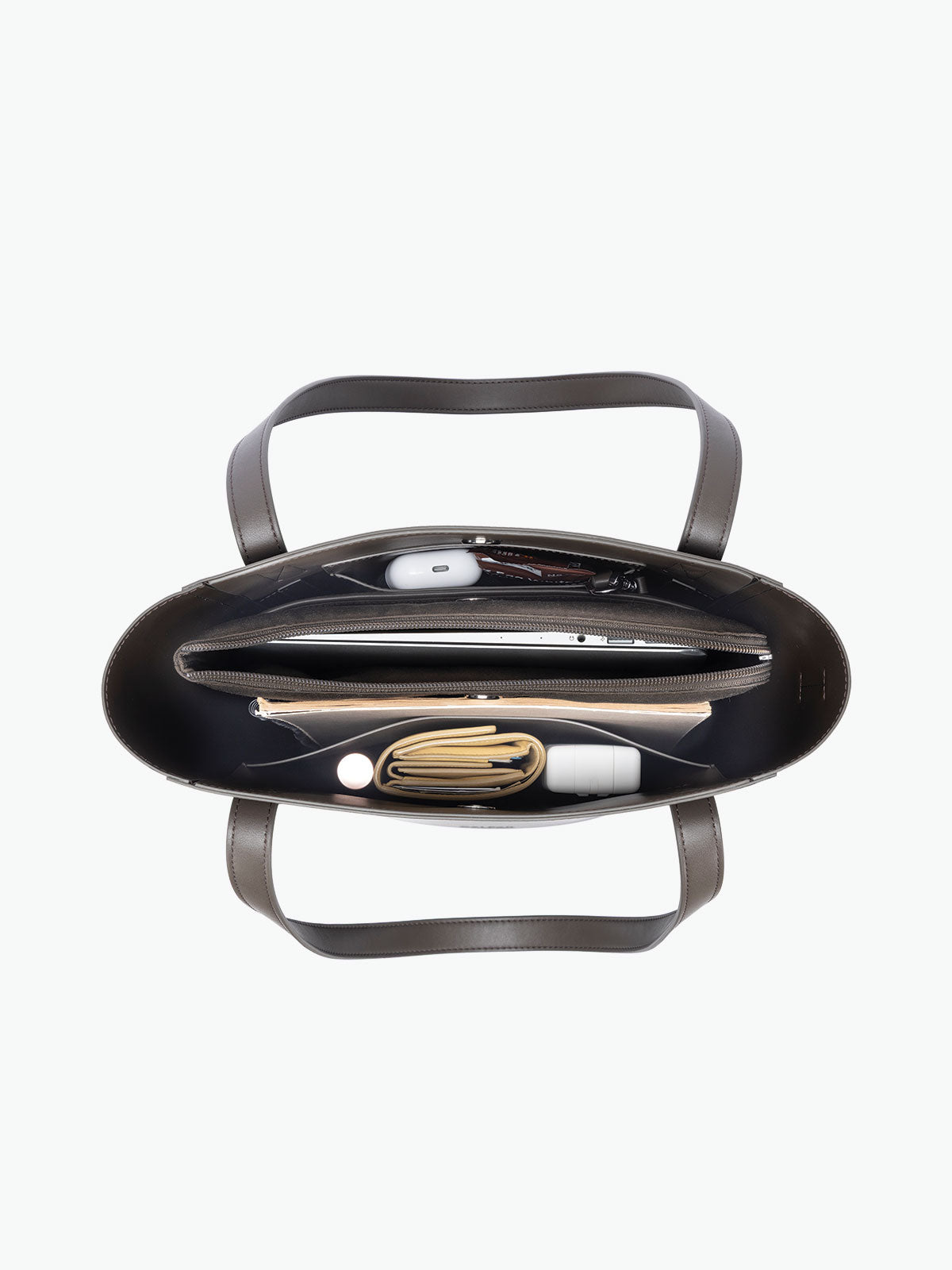 Open interior of the CALPAK Haven 14" Haven Laptop Tote in dark brown Mushroom; ABU2501-MUSHROOM