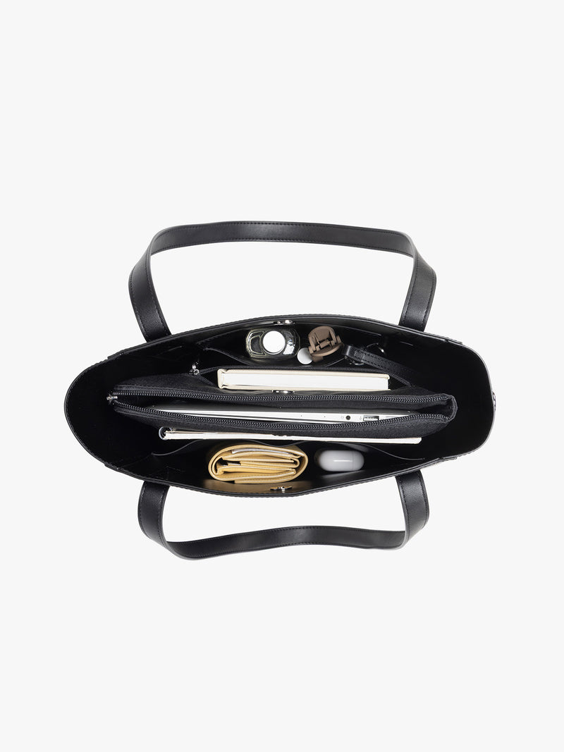 CALPAK Haven 14 inch Laptop Bucket Bag in Black top view with compartments filled