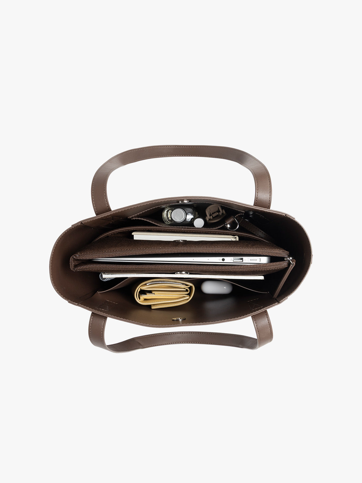 CALPAK Haven 14 inch Laptop Bucket Bag in dark brown Espresso top view with compartments filled; ABU2501-ESPRESSO