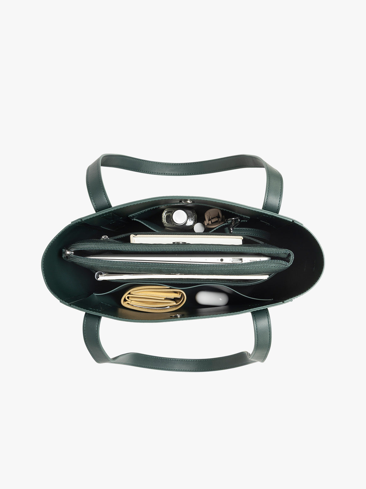 CALPAK Haven 14 inch Laptop Bucket Bag in dark green Forest top view with compartments filled; ABU2501-FOREST