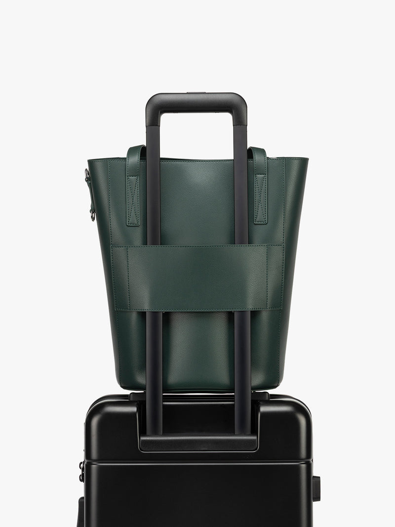 CALPAK Haven 14 inch Laptop Bucket Bag in dark green Forest with trolley sleeve